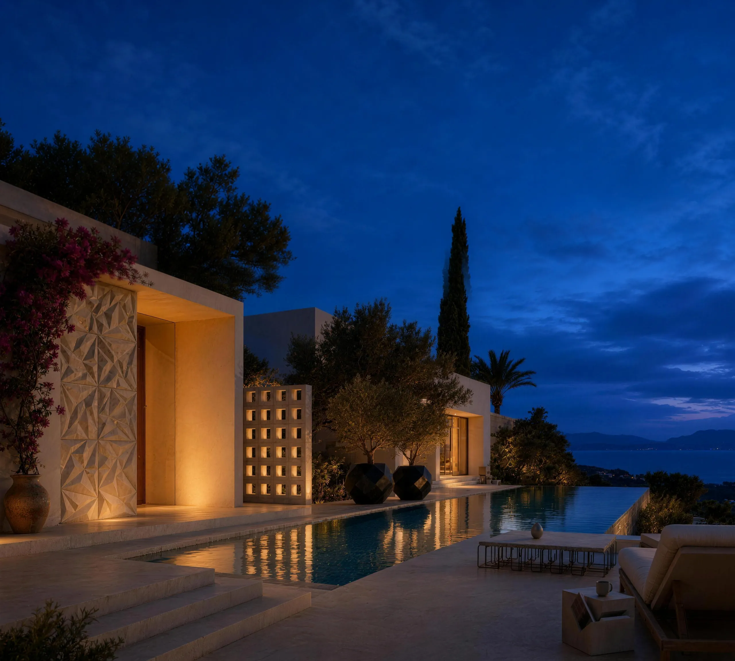 Stonova uygulamalı Akdeniz villası, gece