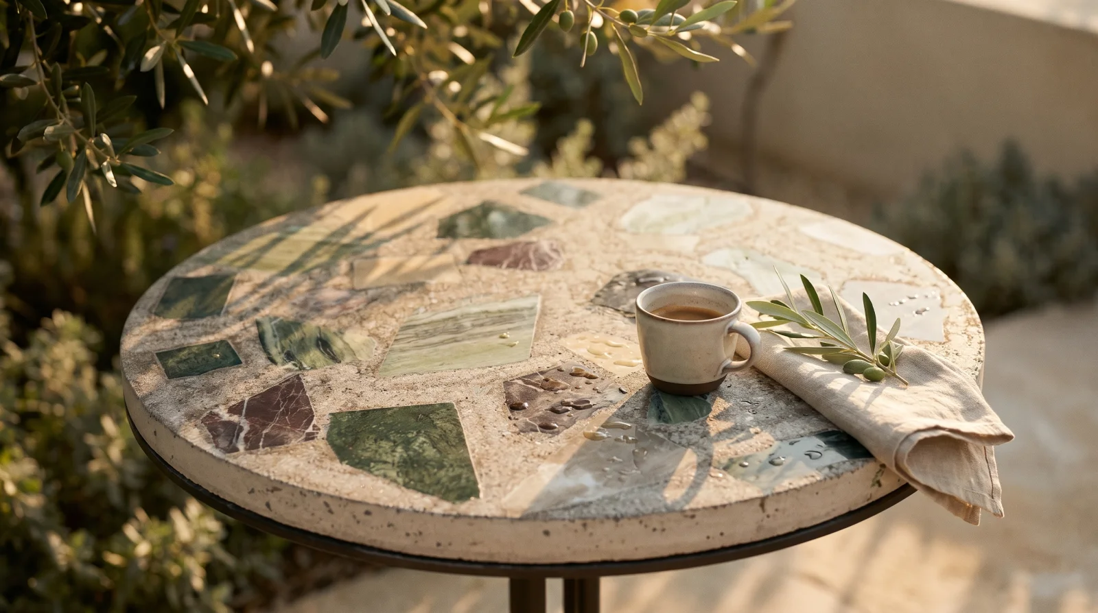 Doğal taş kakmalı Stonova terrazzo dış mekân masası